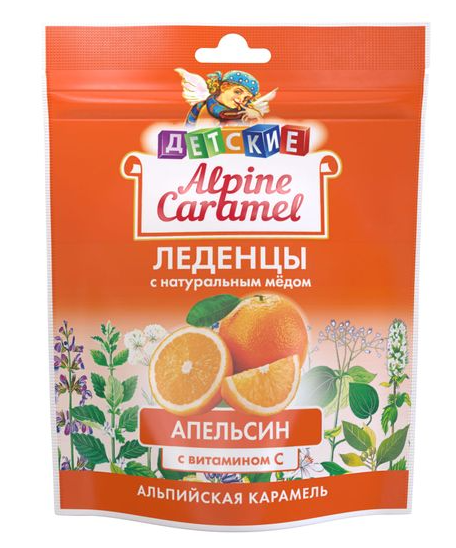 Alpine Caramel Леденцы с медом и Витамином С детские, детям с 3х лет, со вкусом апельсина, 75 г, 1 шт.