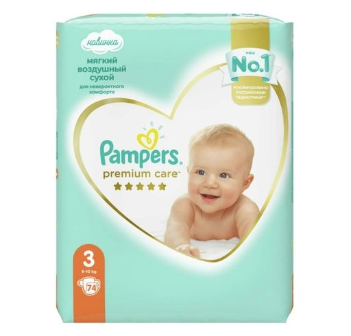 Pampers Premium Care Подгузники детские, р. 3, 6-10 кг, 74 шт.